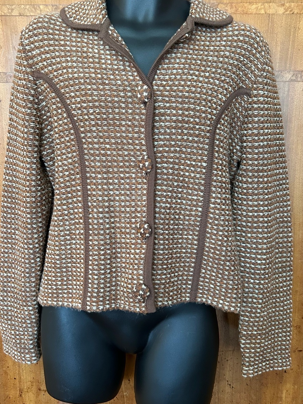 VTG 90’s Carole Little Brown and Cream Checked Collared  Button-Front Cardigan